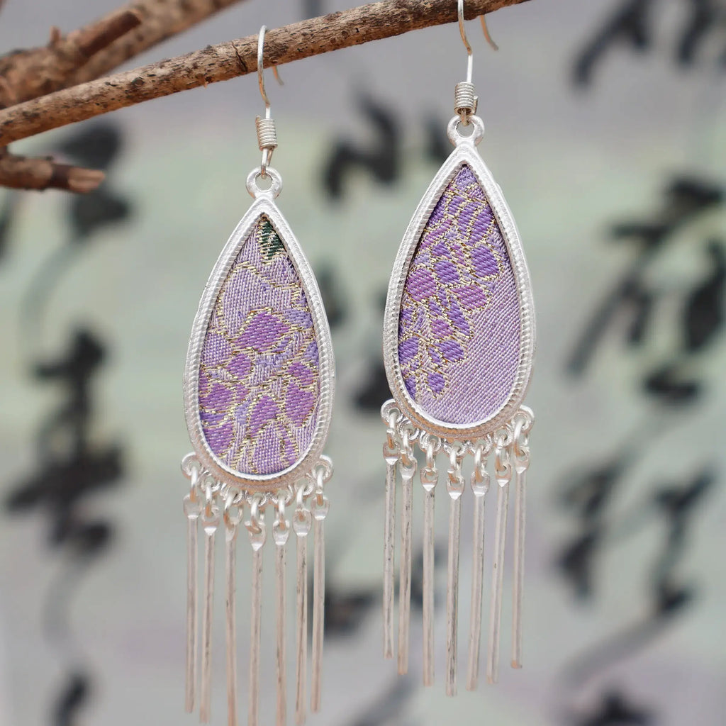 Purple Mist Wonderland - Handmade Miao Silver Framed Song Brocade Jacquard Tassel Teardrop Earrings