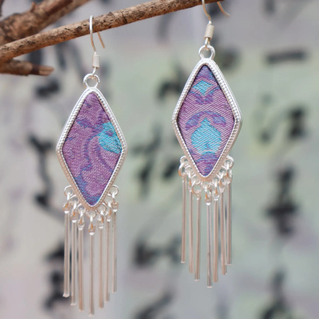 Dreamy Purple Kite - Miao Silver Framed Song Brocade Two-Tone Woven Tassel Diamond-Shaped Earrings
