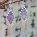Dreamy Purple Kite - Miao Silver Framed Song Brocade Two-Tone Woven Tassel Diamond-Shaped Earrings