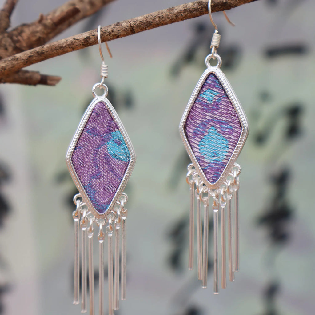 Dreamy Purple Kite - Miao Silver Framed Song Brocade Two-Tone Woven Tassel Diamond-Shaped Earrings
