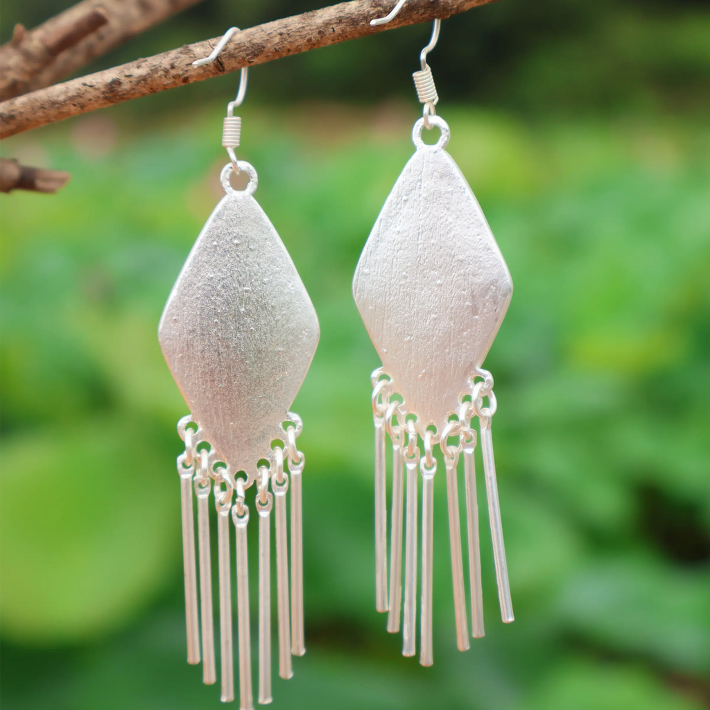 Dreamy Purple Kite - Miao Silver Framed Song Brocade Two-Tone Woven Tassel Diamond-Shaped Earrings
