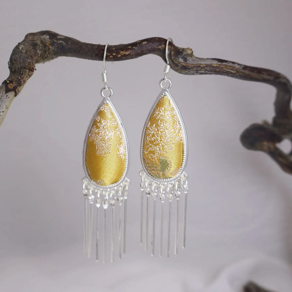 Golden Years - Handmade Miao Silver Framed Song Brocade Jacquard - Teardrop Earrings