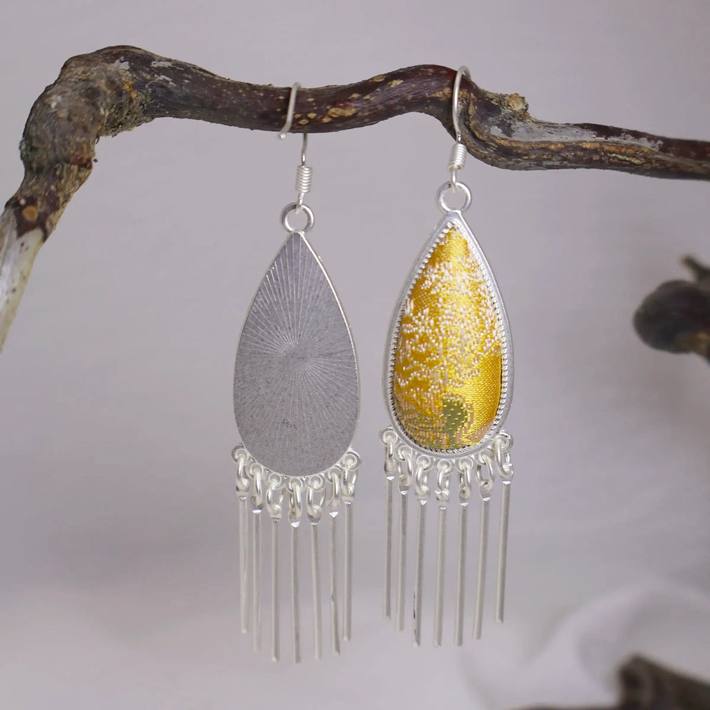 Golden Years - Handmade Miao Silver Framed Song Brocade Jacquard - Teardrop Earrings