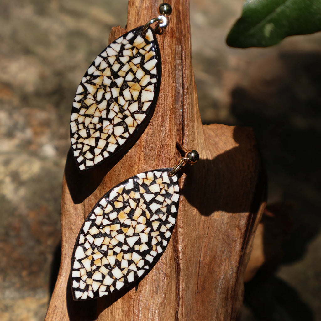 One of A Kind Xipi Raw Lacquer Leaf Drop Earrings | Eggshell Inlay, 14K Gold Hook, Sandalwood Base