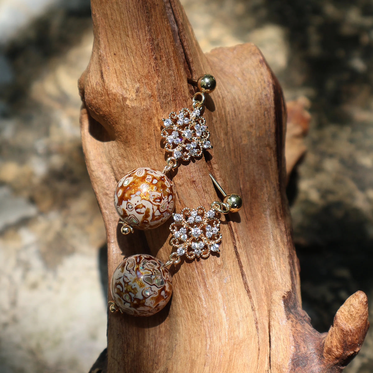 One of A Kind Xipi Raw Lacquer Drop Earrings | Mother of Pearl Inlay, 14K Gold Crystal Floral Detail