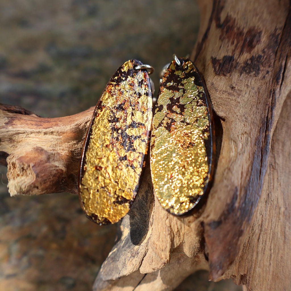 One of A Kind Xipi Raw Lacquer Elongated Oval Drop Earrings | Gold Leaf Inlay, 14K Gold Hook, Sandalwood Base