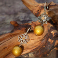 One of A Kind Xipi Raw Lacquer Drop Earrings | Gold Leaf Inlay, 14K Hook & Openwork Square Floral Charm