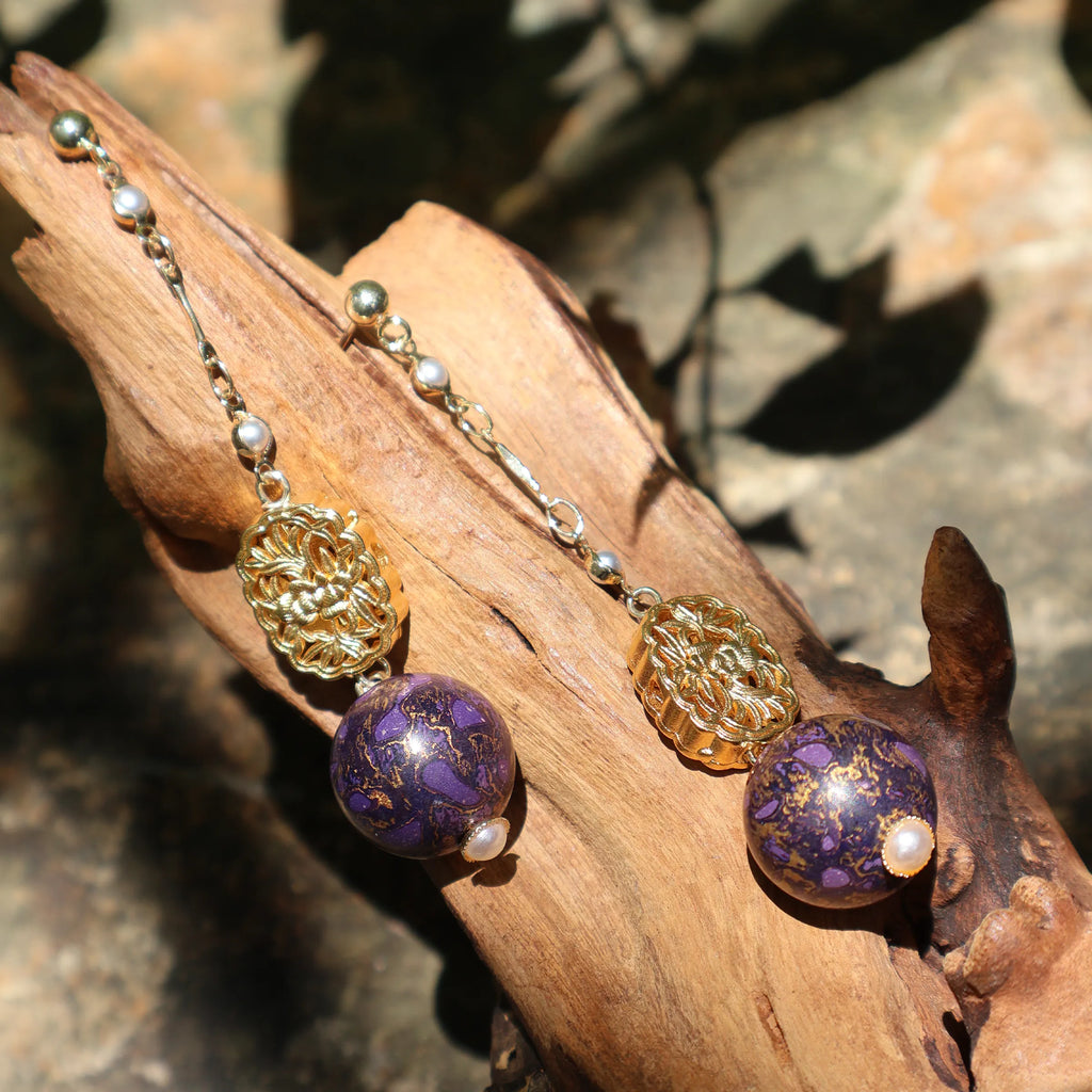 One of A Kind Xipi Raw Lacquer Long Drop Earrings | 18K Gold Floral Ornament, 14K Gold Ear Hooks