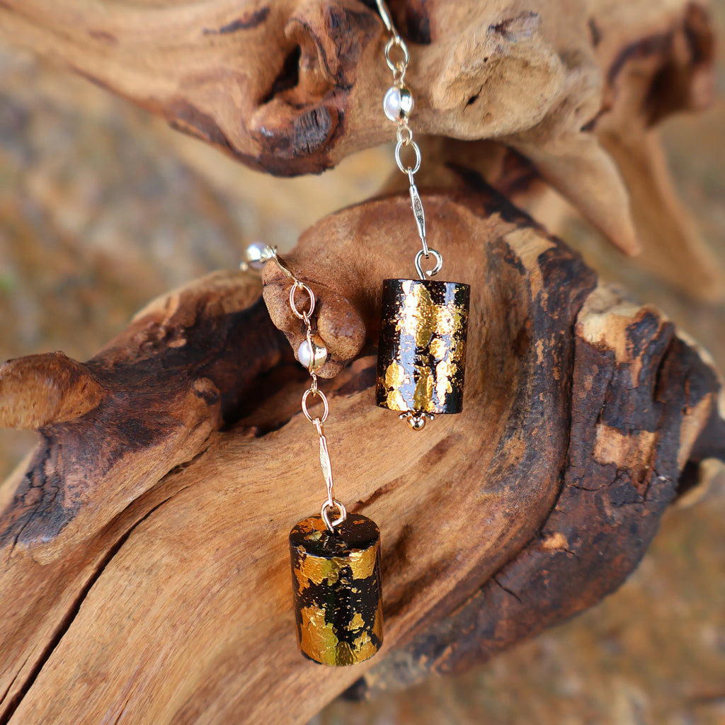 14K Gold Needle Long Chain Lacquer Dangle Earrings, Chinese Intangible Heritage Gold‑Leaf Cylinder Bead Earrings, Sandalwood Base Drop Earrings