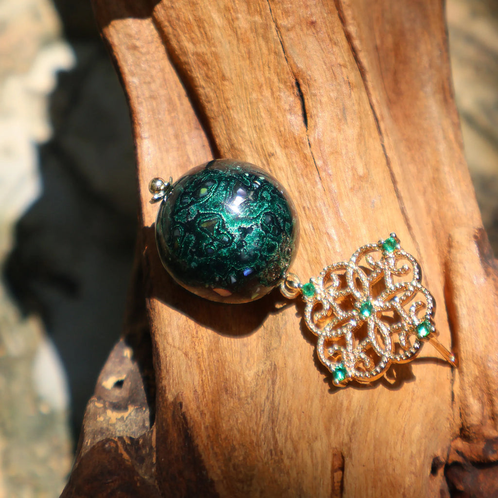 Sandalwood Daqi Lacquer Drop Earrings | Mother-of-Pearl Inlay 14K Gold Four-Leaf Floral Oriental Heritage Jewelry