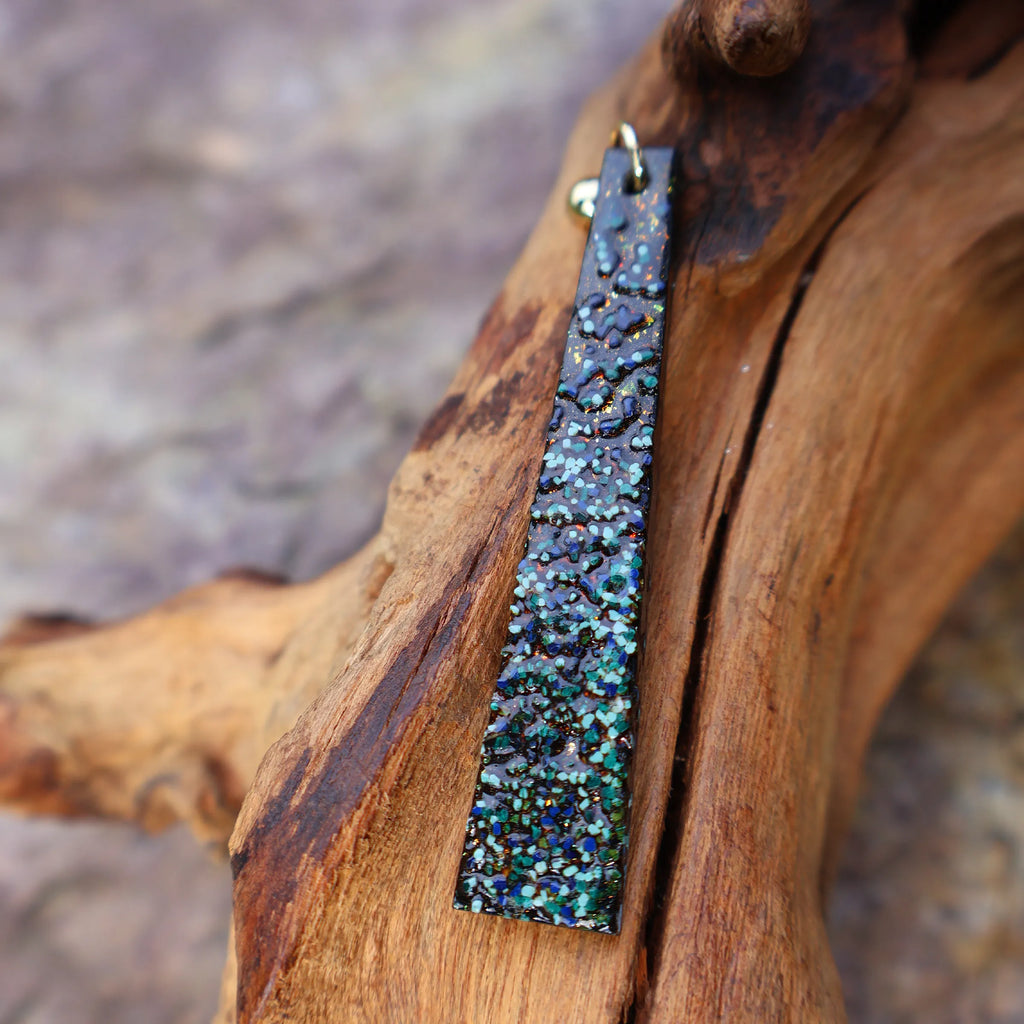 One of A Kind Xipi Raw Lacquer Bar Drop Earrings | Crushed Lacquer Granule Texture, 14K Gold Hook, Sandalwood Base