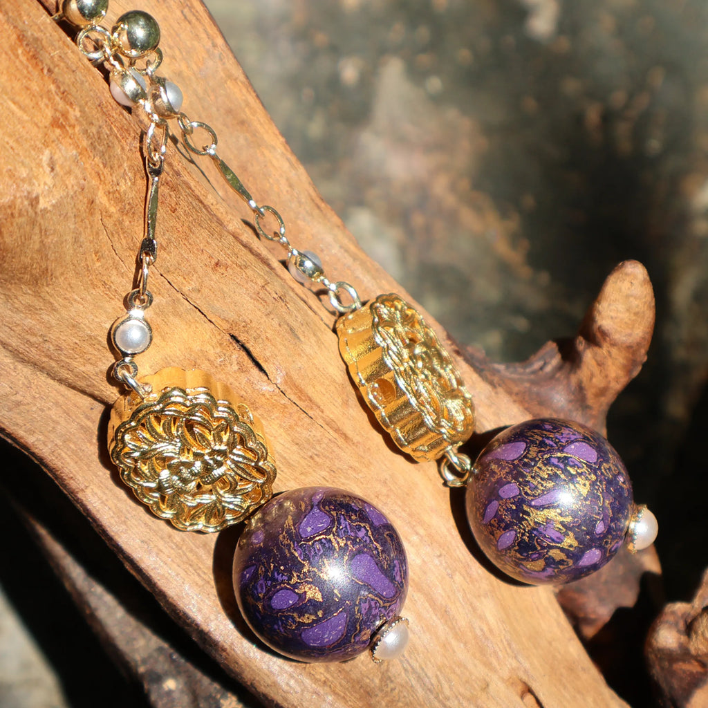 One of A Kind Xipi Raw Lacquer Long Drop Earrings | 18K Gold Floral Ornament, 14K Gold Ear Hooks
