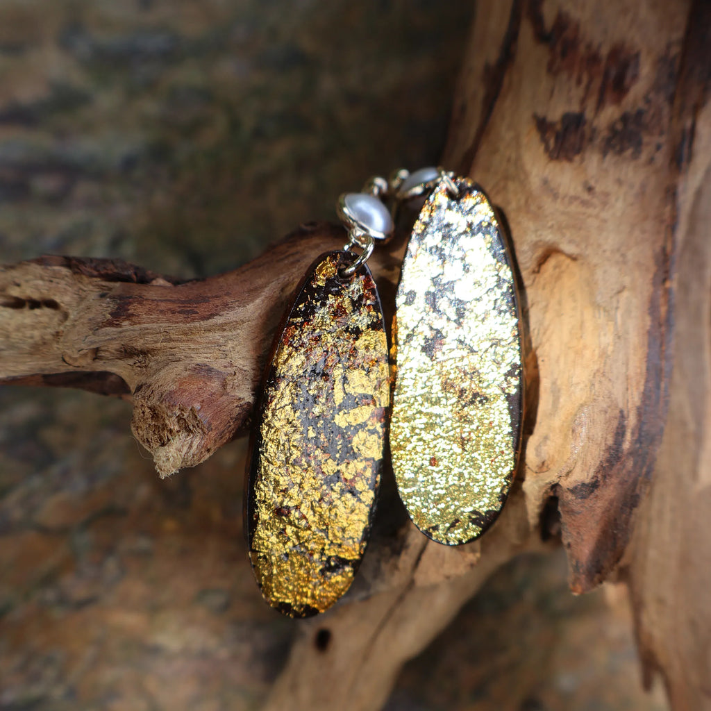 One of A Kind Xipi Raw Lacquer Elongated Oval Drop Earrings | Gold Leaf Inlay, 14K Gold Hook, Sandalwood Base