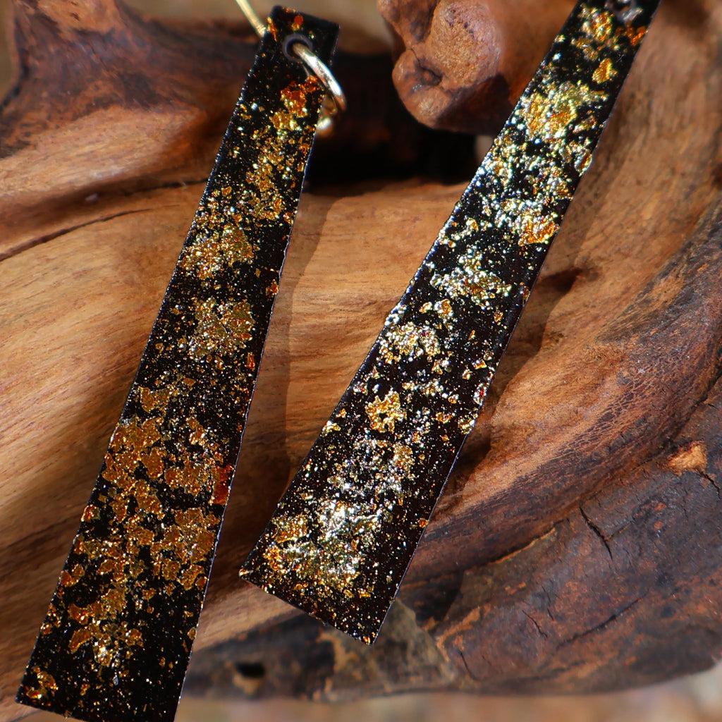 One of A Kind Xipi Raw Lacquer Bar Drop Earrings | Gold Leaf Inlay, 14K Gold Hook, Sandalwood Base