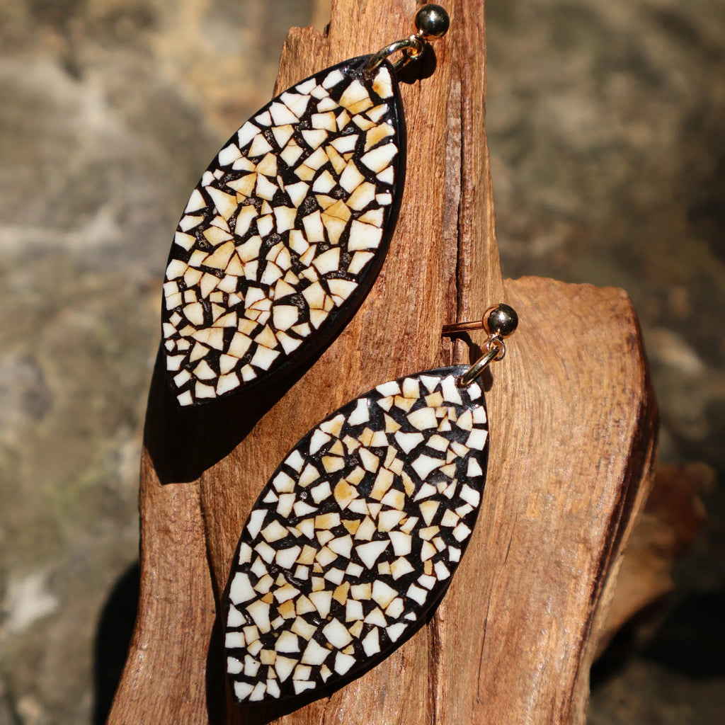 One of A Kind Xipi Raw Lacquer Leaf Drop Earrings | Eggshell Inlay, 14K Gold Hook, Sandalwood Base