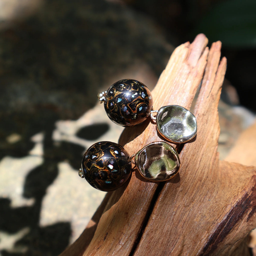One of A Kind Xipi Raw Lacquer Drop Earrings | Mother of Pearl Inlay, 14K Hook & Irregular Metal Disc Charm