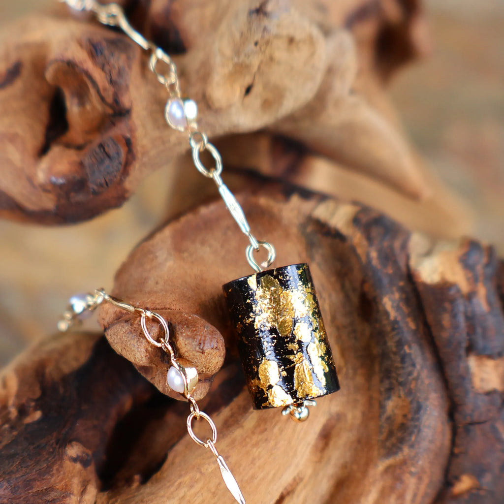14K Gold Needle Long Chain Lacquer Dangle Earrings, Chinese Intangible Heritage Gold‑Leaf Cylinder Bead Earrings, Sandalwood Base Drop Earrings