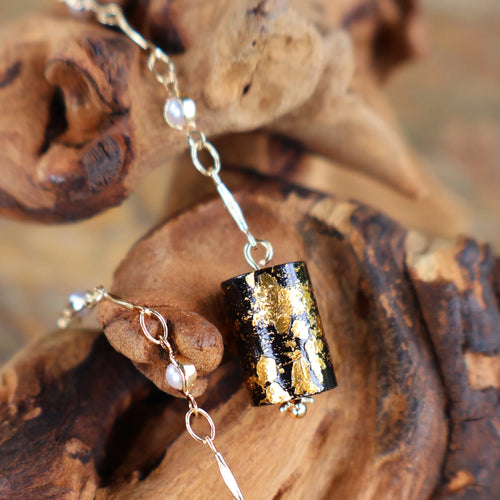 14K Gold Needle Long Chain Lacquer Dangle Earrings, Chinese Intangible Heritage Gold‑Leaf Cylinder Bead Earrings, Sandalwood Base Drop Earrings