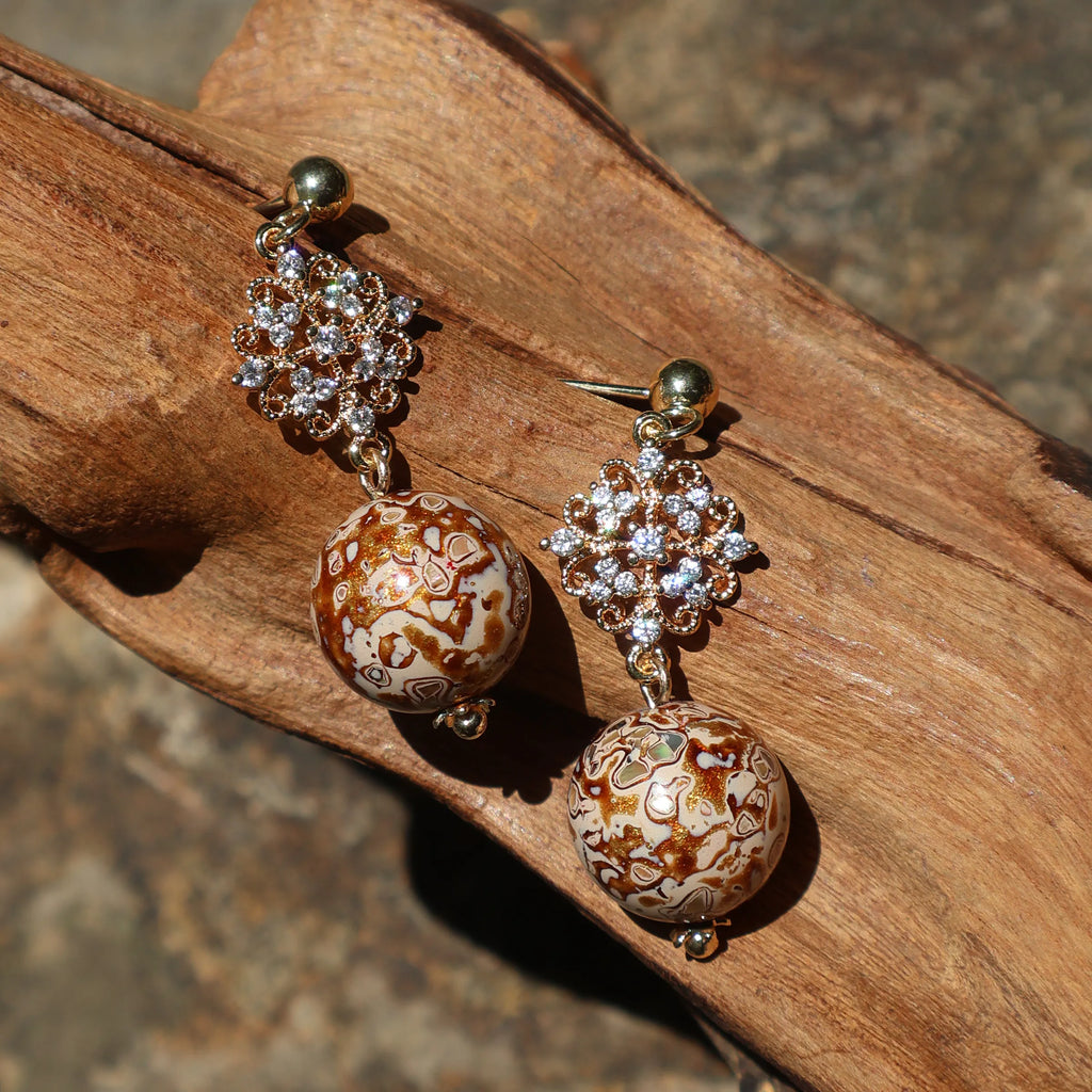 One of A Kind Xipi Raw Lacquer Drop Earrings | Mother of Pearl Inlay, 14K Gold Crystal Floral Detail