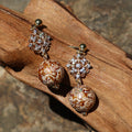 One of A Kind Xipi Raw Lacquer Drop Earrings | Mother of Pearl Inlay, 14K Gold Crystal Floral Detail