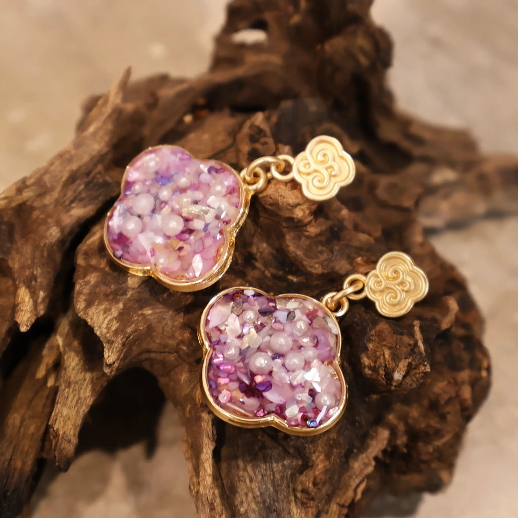 Pink Auspicious Cloud — Pink-Purple Shell Begonia/Ruyi Cloud Dangle Earrings