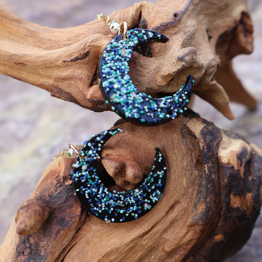 One of A Kind Xipi Raw Lacquer Crescent Moon Drop Earrings | Crushed Lacquer Granule Texture,14K Gold Hook, Sandalwood Base