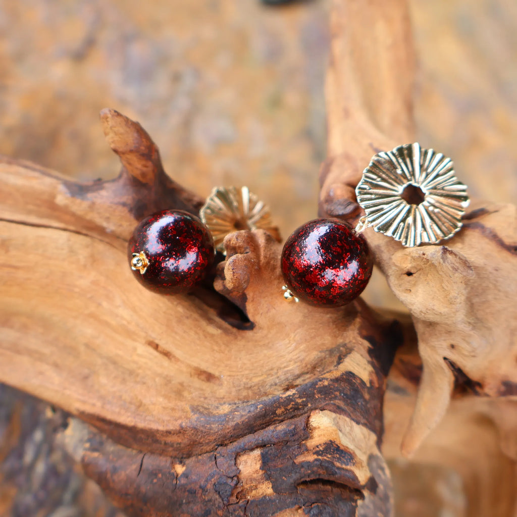 14K Gold Needle Lacquer Dangle Earrings, Chinese Intangible Heritage Red‑Gold Leaf Round Bead Earrings, Sandalwood Base Floral Metal Drop Earrings