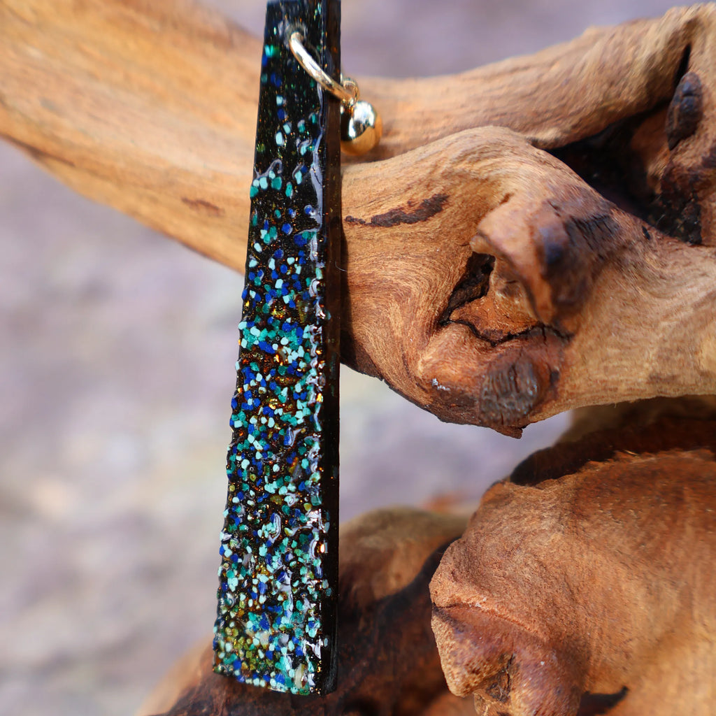 One of A Kind Xipi Raw Lacquer Bar Drop Earrings | Crushed Lacquer Granule Texture, 14K Gold Hook, Sandalwood Base