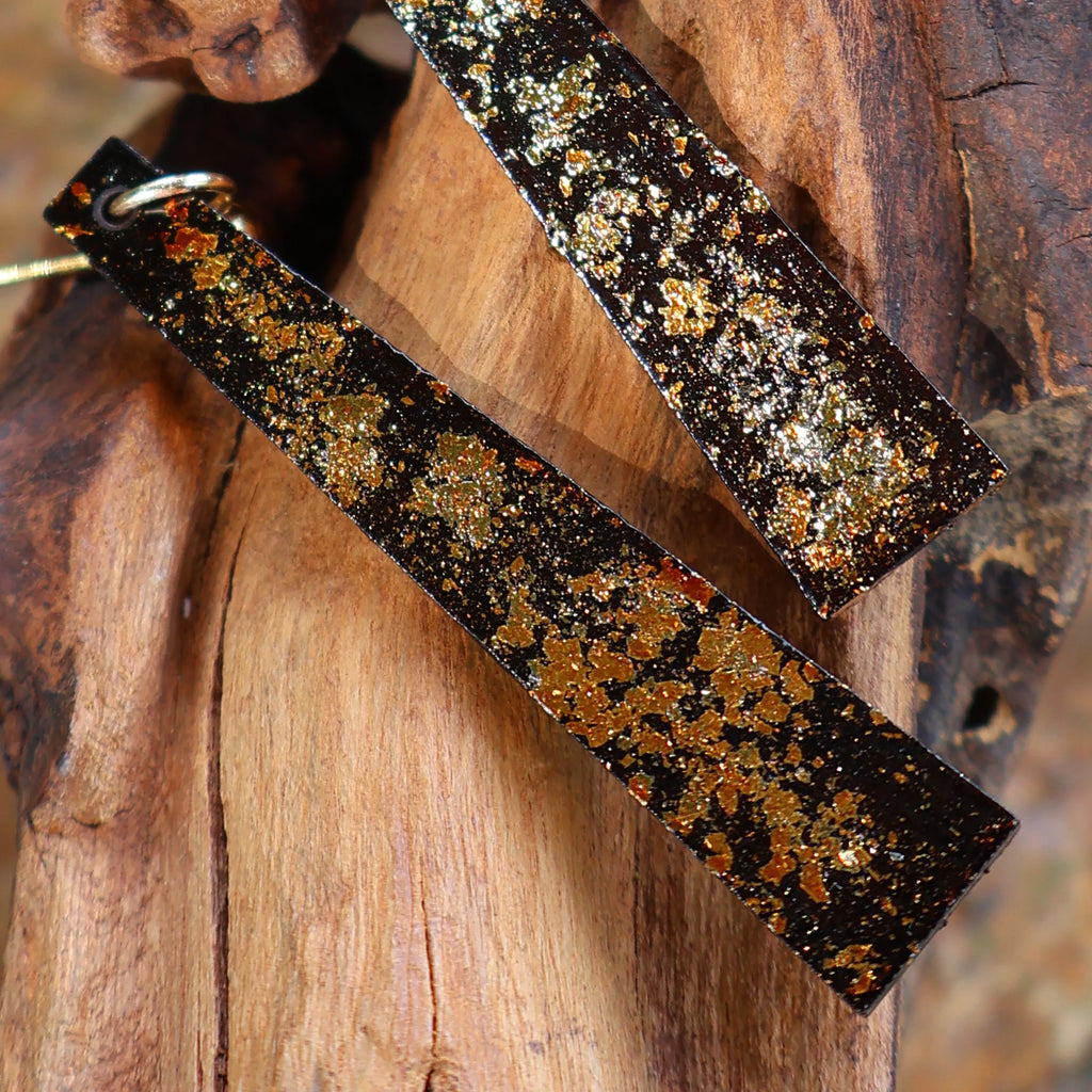 One of A Kind Xipi Raw Lacquer Bar Drop Earrings | Gold Leaf Inlay, 14K Gold Hook, Sandalwood Base