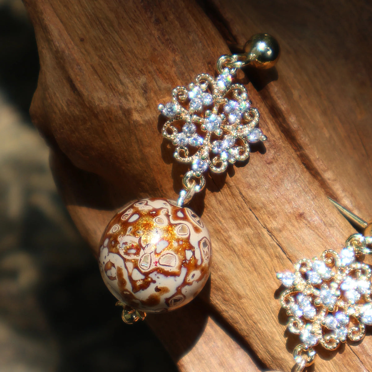 One of A Kind Xipi Raw Lacquer Drop Earrings | Mother of Pearl Inlay, 14K Gold Crystal Floral Detail