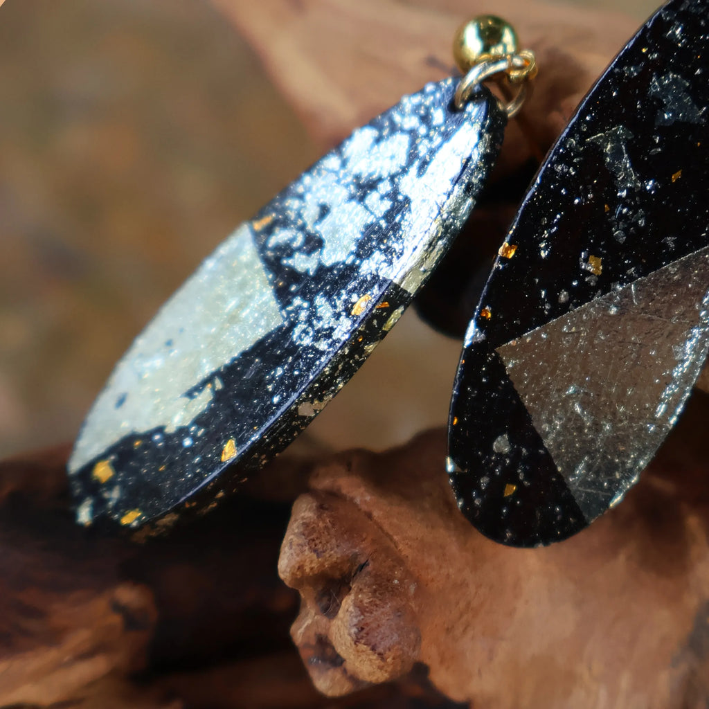One of A Kind Xipi Raw Lacquer Oval Drop Earrings | Gold Leaf Inlay, 14K Gold Hook, Sandalwood Base