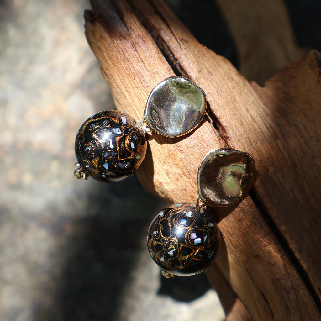 One of A Kind Xipi Raw Lacquer Drop Earrings | Mother of Pearl Inlay, 14K Hook & Irregular Metal Disc Charm