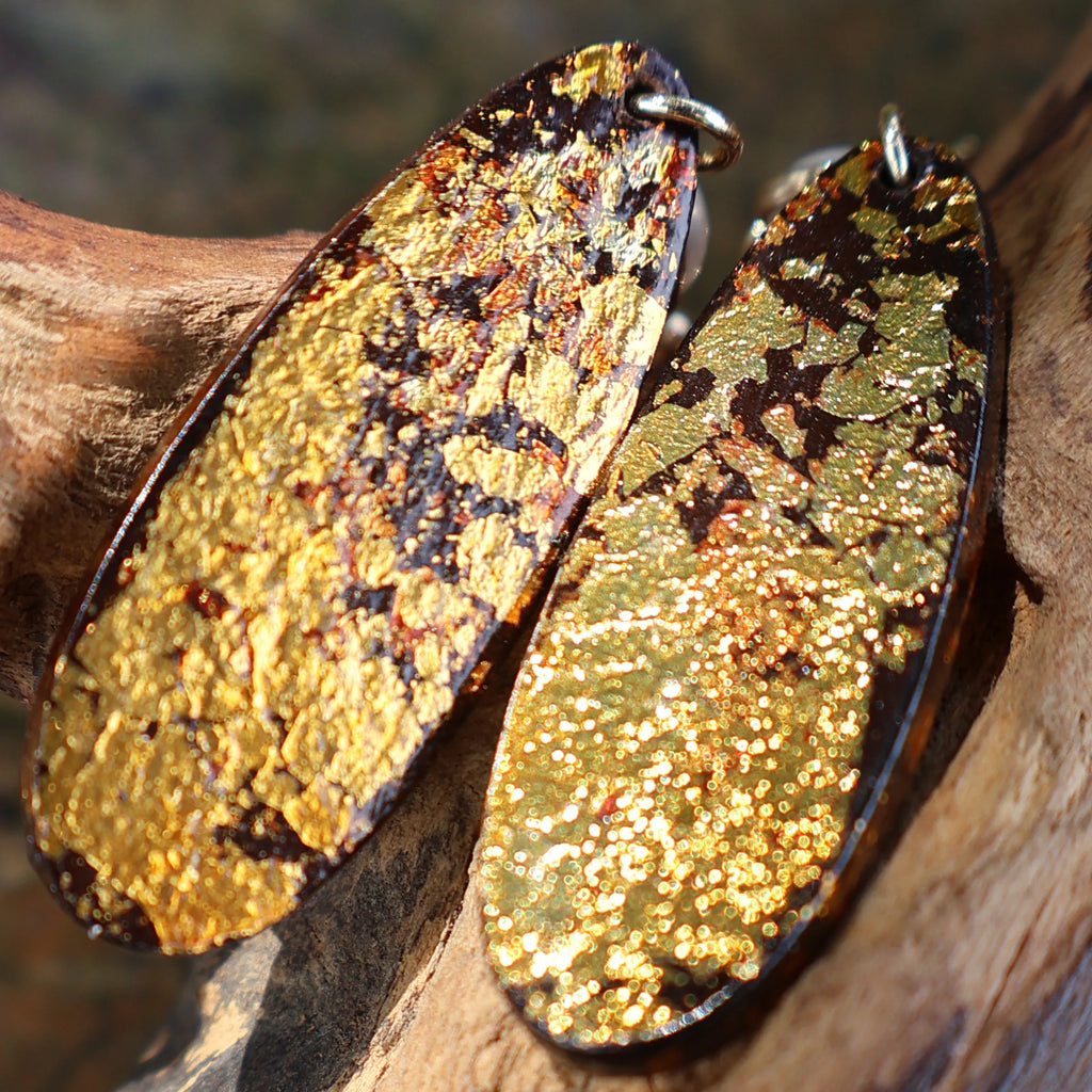 One of A Kind Xipi Raw Lacquer Elongated Oval Drop Earrings | Gold Leaf Inlay, 14K Gold Hook, Sandalwood Base