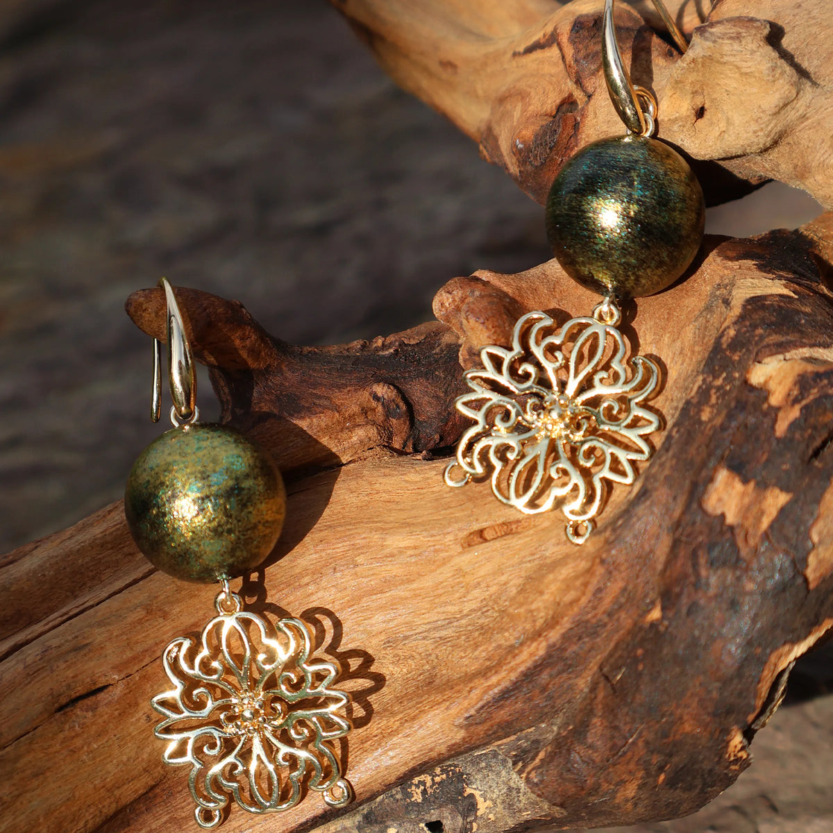 14K Gold Hook Lacquer Dangle Earrings, Chinese Intangible Heritage Gold‑Leaf Round Bead Earrings, Sandalwood Base Open‑work Floral Drop Earrings