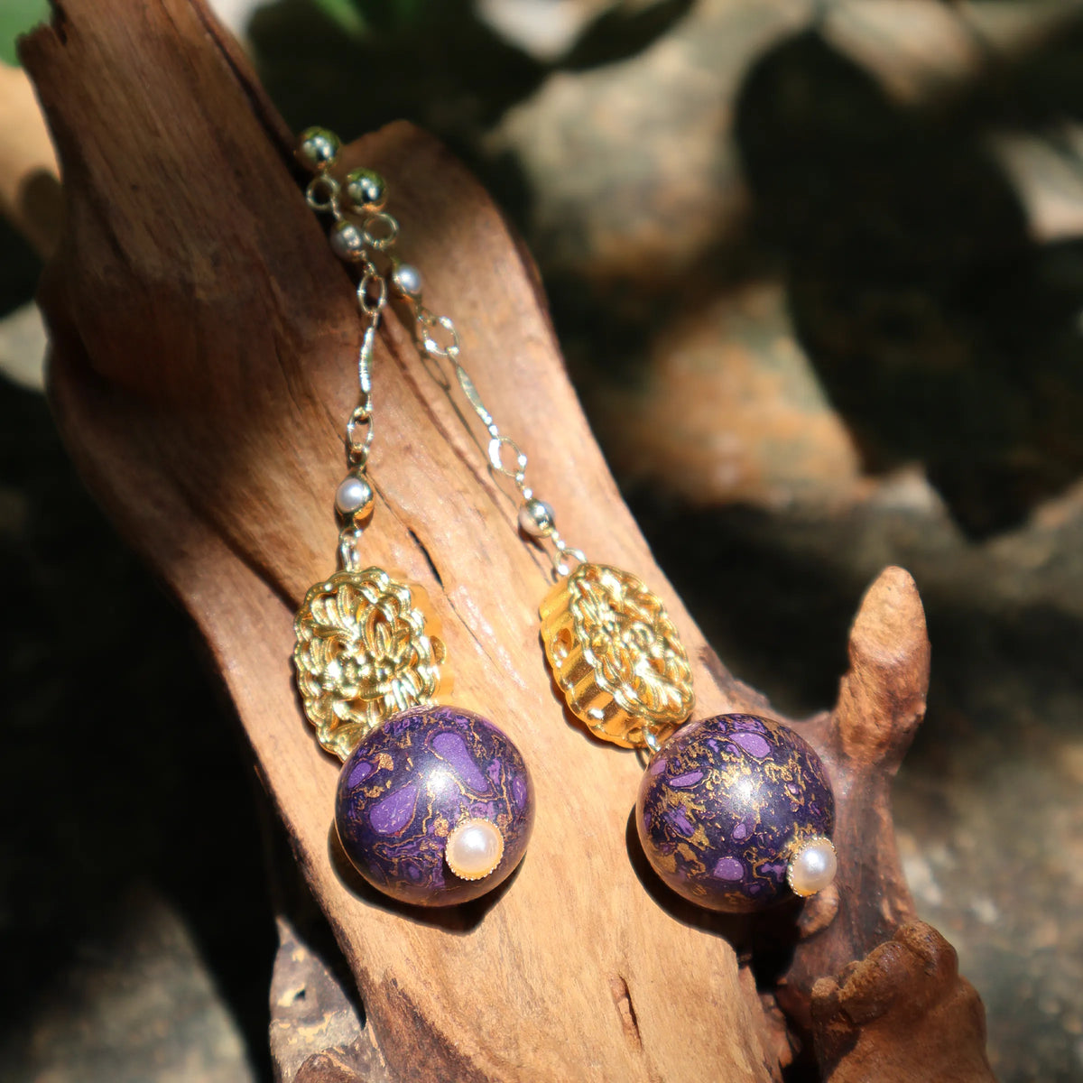 One of A Kind Xipi Raw Lacquer Long Drop Earrings | 18K Gold Floral Ornament, 14K Gold Ear Hooks