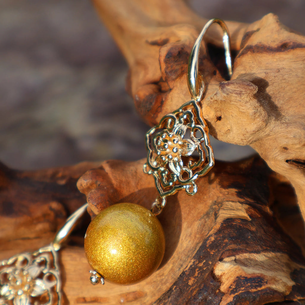 One of A Kind Xipi Raw Lacquer Drop Earrings | Gold Leaf Inlay, 14K Hook & Openwork Square Floral Charm