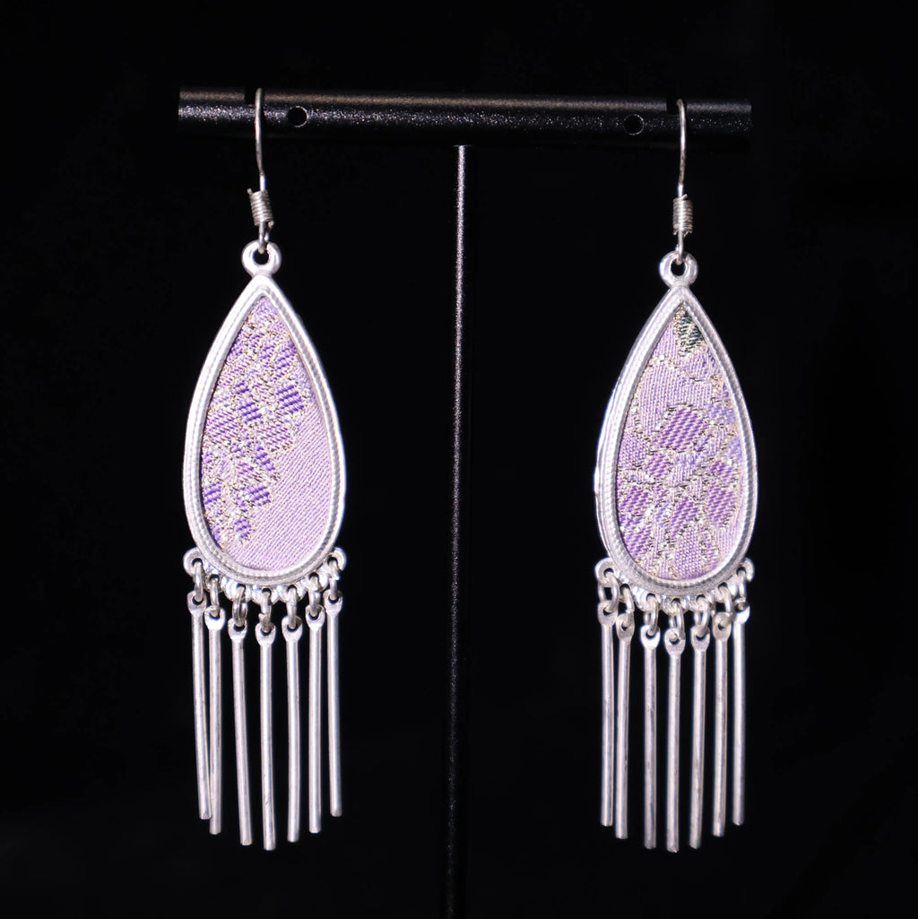 Purple Mist Wonderland - Handmade Miao Silver Framed Song Brocade Jacquard Tassel Teardrop Earrings