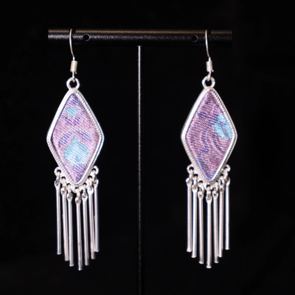 Dreamy Purple Kite - Miao Silver Framed Song Brocade Two-Tone Woven Tassel Diamond-Shaped Earrings