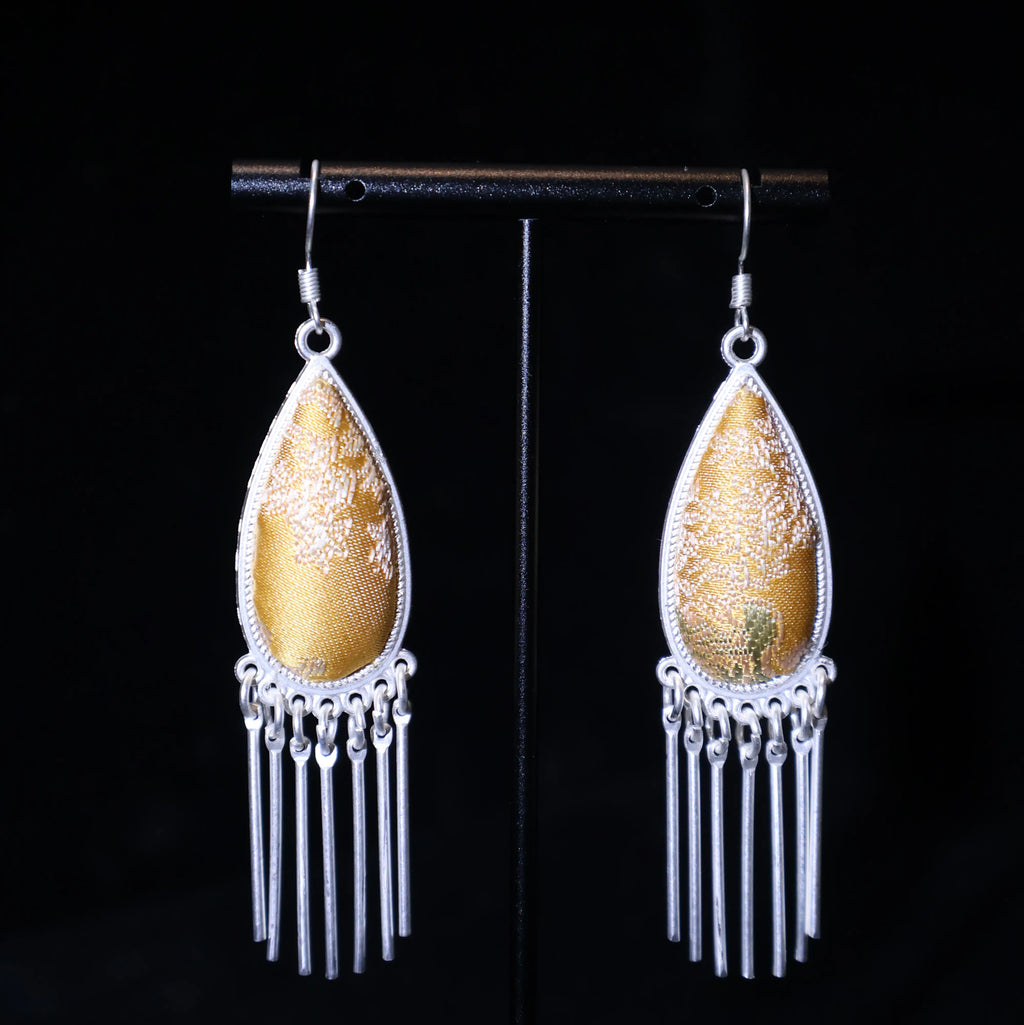 Golden Years - Handmade Miao Silver Framed Song Brocade Jacquard - Teardrop Earrings