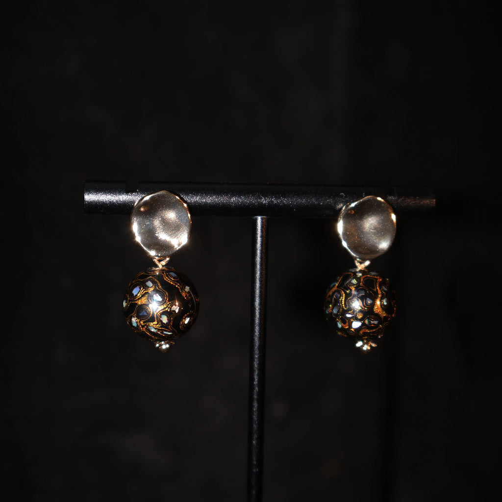One of A Kind Xipi Raw Lacquer Drop Earrings | Mother of Pearl Inlay, 14K Hook & Irregular Metal Disc Charm