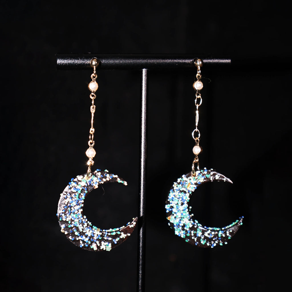 One of A Kind Xipi Raw Lacquer Crescent Moon Drop Earrings | Crushed Lacquer Granule Texture,14K Gold Hook, Sandalwood Base
