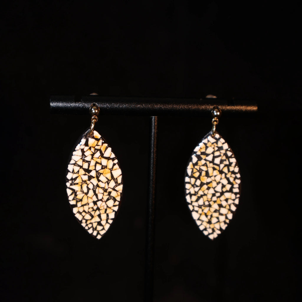 One of A Kind Xipi Raw Lacquer Leaf Drop Earrings | Eggshell Inlay, 14K Gold Hook, Sandalwood Base