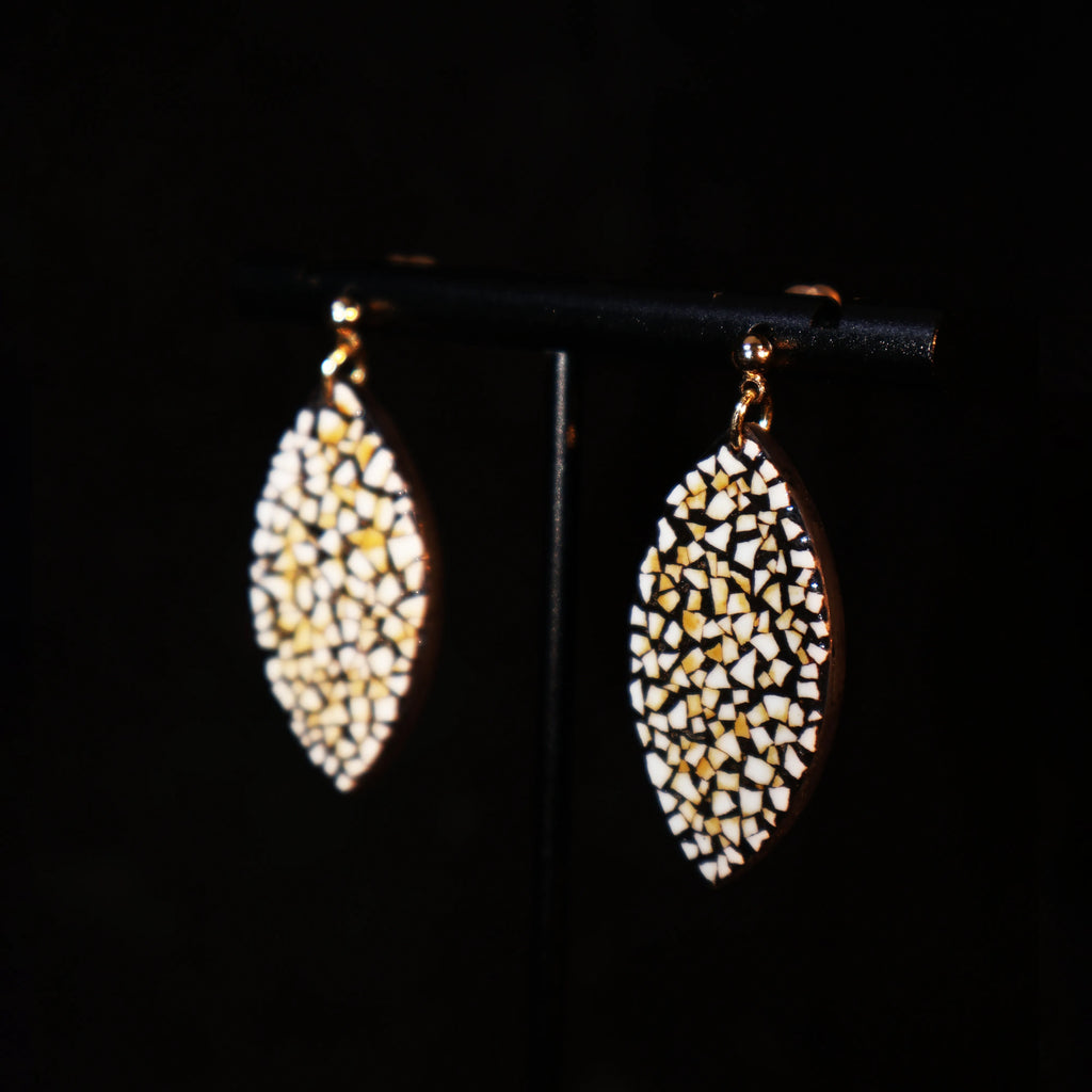 One of A Kind Xipi Raw Lacquer Leaf Drop Earrings | Eggshell Inlay, 14K Gold Hook, Sandalwood Base