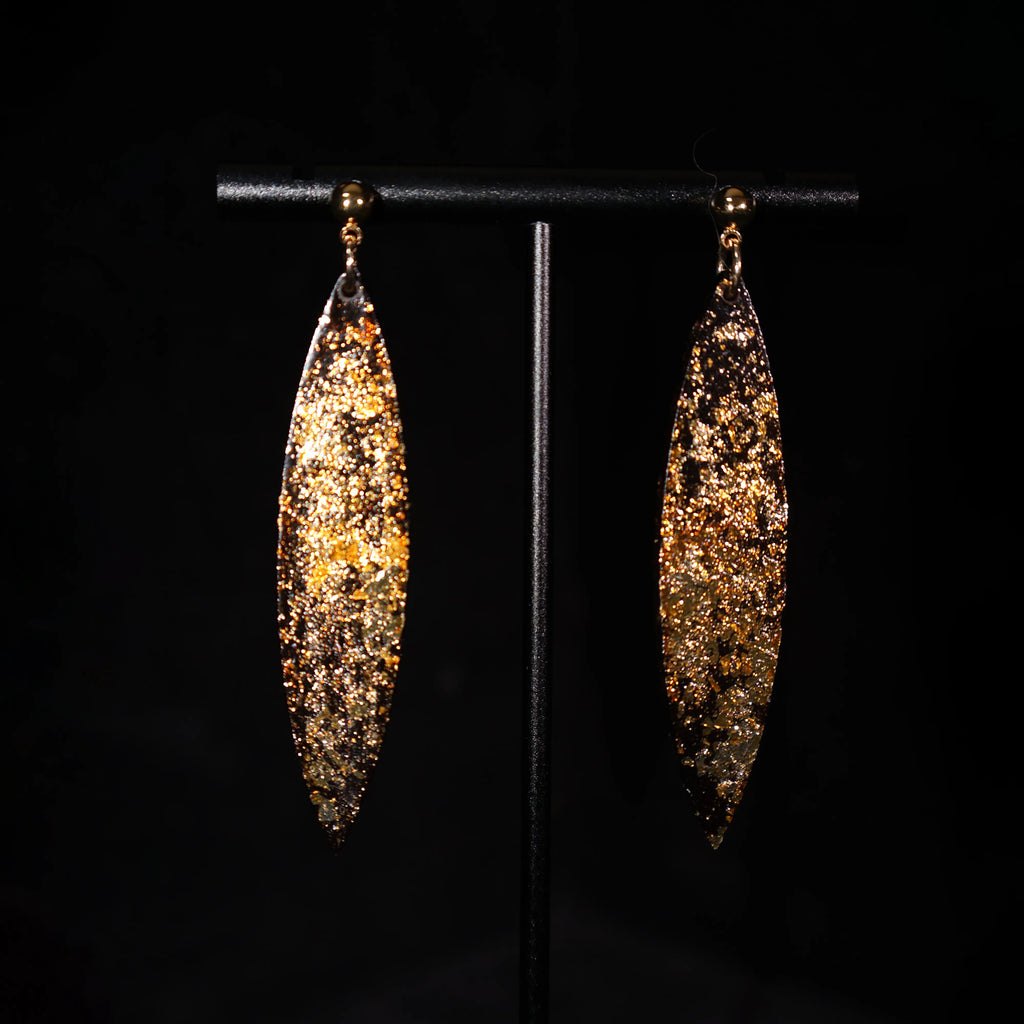 14K Gold Needle Long Lacquer Drop Earrings, Chinese Intangible Heritage Handmade Jewelry, Gold Leaf Inlay Sandalwood Base Dangle Earrings