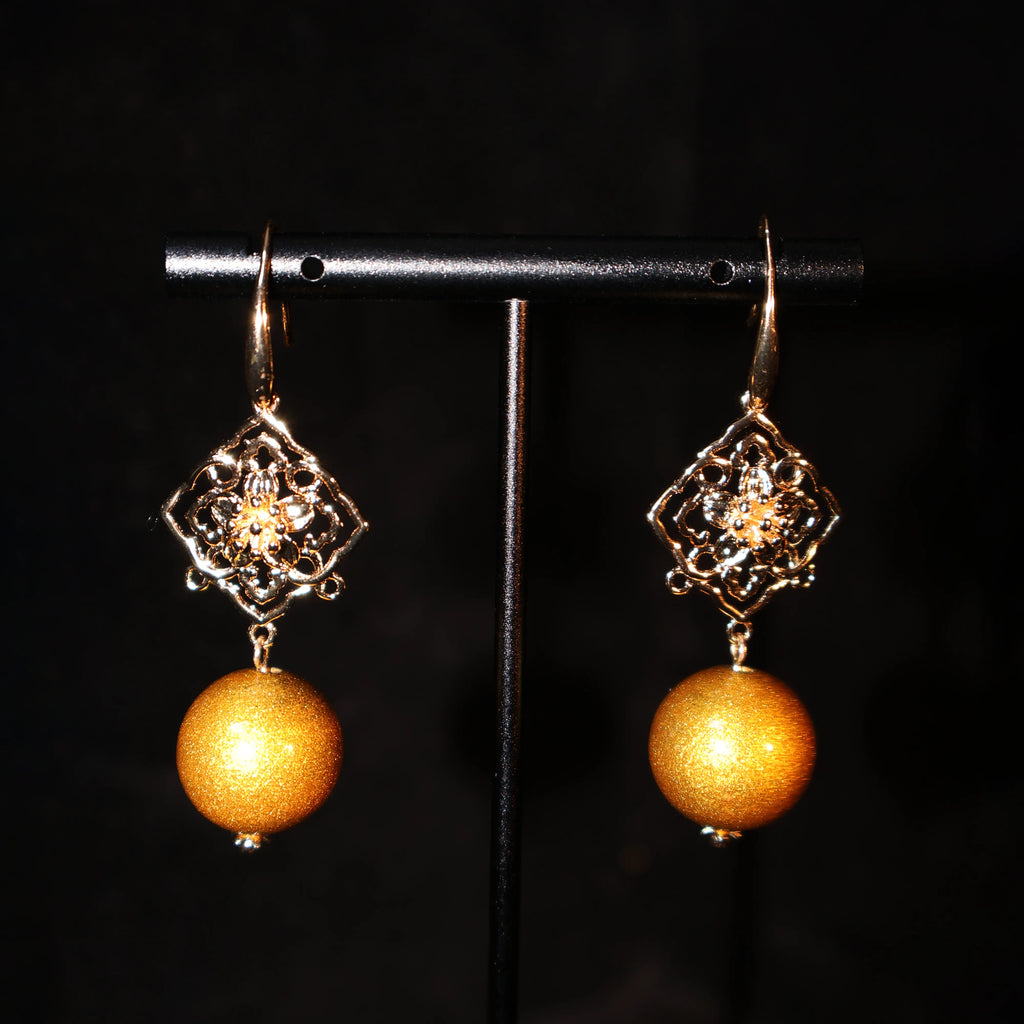 One of A Kind Xipi Raw Lacquer Drop Earrings | Gold Leaf Inlay, 14K Hook & Openwork Square Floral Charm