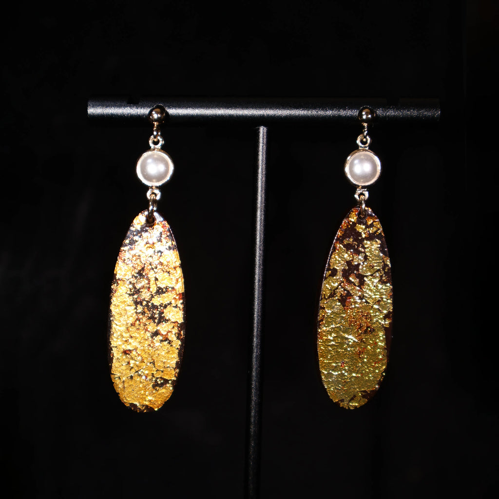 One of A Kind Xipi Raw Lacquer Elongated Oval Drop Earrings | Gold Leaf Inlay, 14K Gold Hook, Sandalwood Base