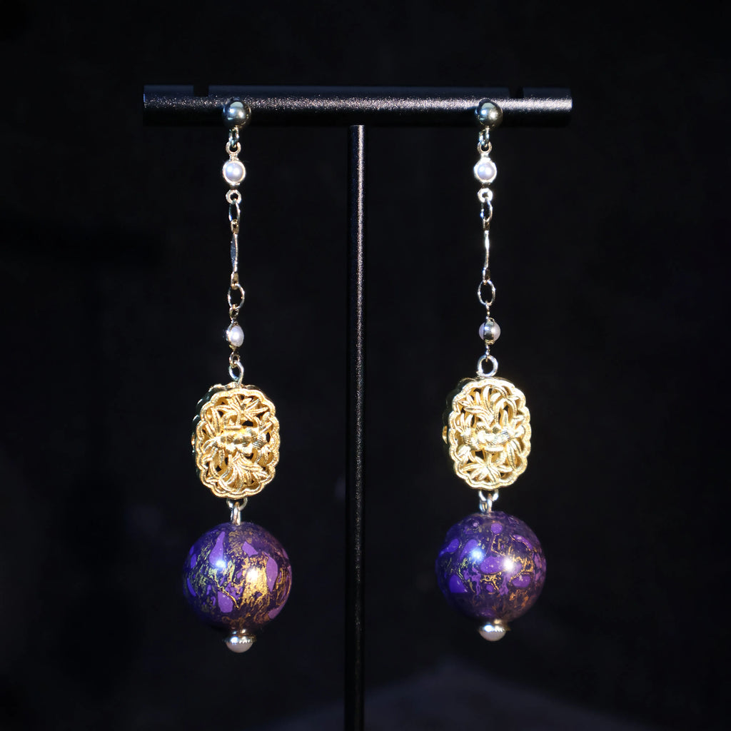 One of A Kind Xipi Raw Lacquer Long Drop Earrings | 18K Gold Floral Ornament, 14K Gold Ear Hooks
