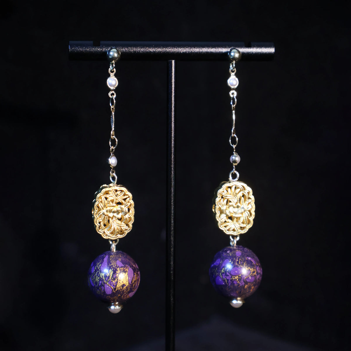 One of A Kind Xipi Raw Lacquer Long Drop Earrings | 18K Gold Floral Ornament, 14K Gold Ear Hooks