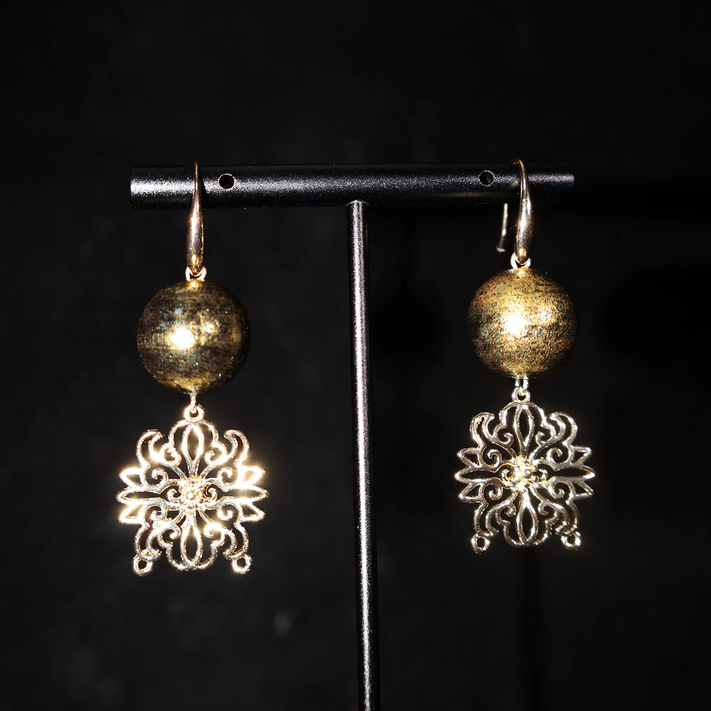 14K Gold Hook Lacquer Dangle Earrings, Chinese Intangible Heritage Gold‑Leaf Round Bead Earrings, Sandalwood Base Open‑work Floral Drop Earrings