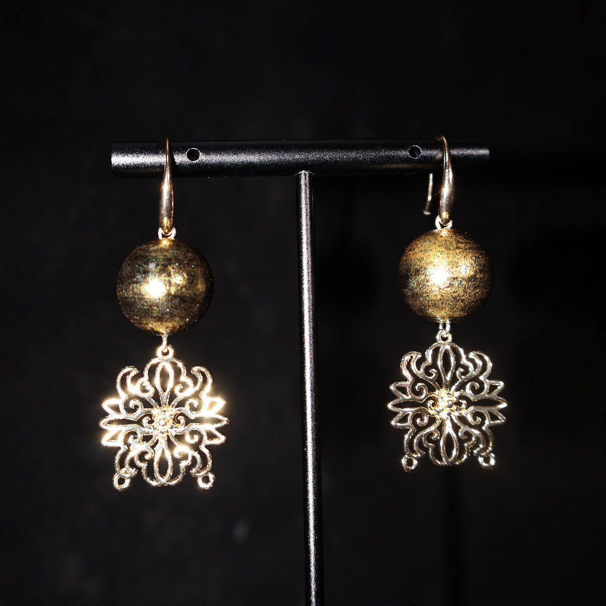 14K Gold Hook Lacquer Dangle Earrings, Chinese Intangible Heritage Gold‑Leaf Round Bead Earrings, Sandalwood Base Open‑work Floral Drop Earrings